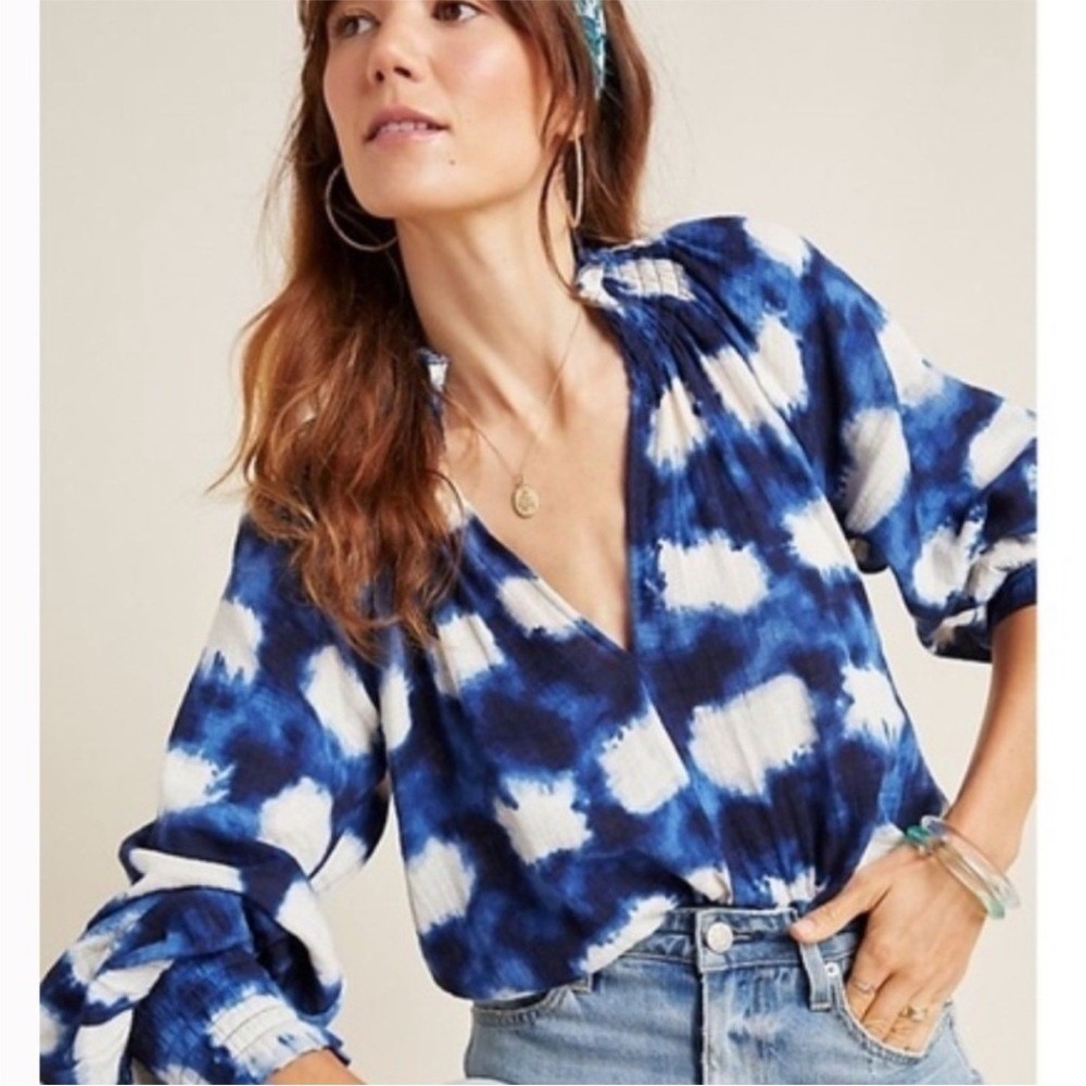 Anthropologie Porridge Blue Tie Dye‎ Peasant Top Smocked Balloon Sleeve Boho S